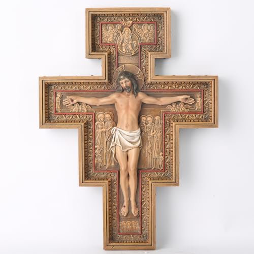 BC Katholisches San Damiano-Kruzifix-Wandkreuz, Jesus Christus, Heimdekoration, religiöses Geschenk, Holzschnitzerei, 30,5 cm hoch, handgefertigte Renaissance-Skulptur von Buildclassic