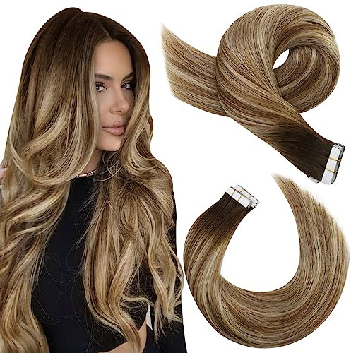 Moresoo Extensiones Adhesivas Pelo Humano 30cm 20pcs 50g Extensiones Adhesivas Pelo Natural Corto Extensiones de Pelo Natural Adhesivas Castaño Oscuro a Castaño Medio con Rubio #4/6/613