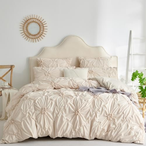 Freyamy Bettwäsche 200x200cm 3teilig Beige Pintuck Plisseefalten Luxus Bettwäsche Pinch Pleat Mädchen Bettwaren-Sets 100% Microfaser Weiche Bettbezug mit Reißverschluss und 2 Kissenbezug 80x80cm