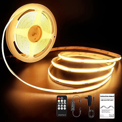 ROUKLE 8mm Ruban LED COB - 5M Bande Lumineuse Dimmable 24V Super Lumineuse CRI90+ avec Télécommande RF | 2400 LEDs | Blanc Chaud 2700K | Installation Facile Décoration Maison DIY