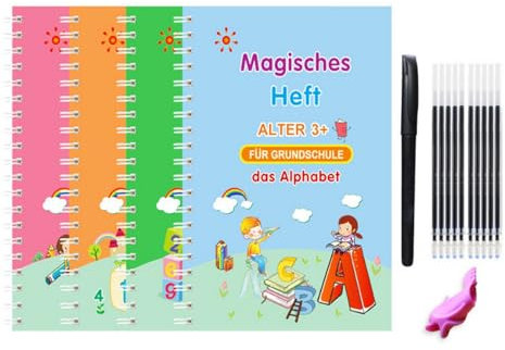 YSTrillion 4 Stück Deutsch Magisches Heft, 1 Magischer Stift,10 Nachfüllungen,1 Schreibhilfe Wiederverwendbares Handschrift nachziehen für Kinder,Lernen Zahlen,Mathematik,Zeichnung,Buchstaben