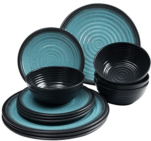 Melamin Geschirrset für 4 Personen - 12 Teile elegante Steingut Optik in blau - Essgeschirr Campinggeschirr Picknick Camping Outdoor