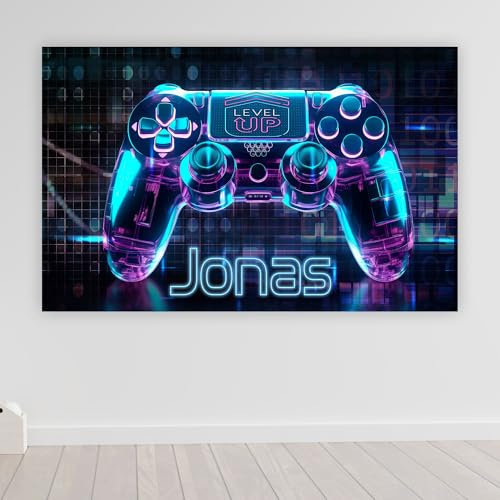 timalo® Gamer poster mit Namen personalisiert gaming Wanddeko gamer Bild für die Wand Wandbild Jugendzimmer gaming zimmer Bilder für Teenager Controller Neon | poster1-Motiv77-B100xH61cm