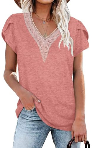PLOKNRD T-Shirts à Manches Courtes Femme D'été Blouse Chic et Elégant Chemisier Col en V avec Dentelle Tops M Rose