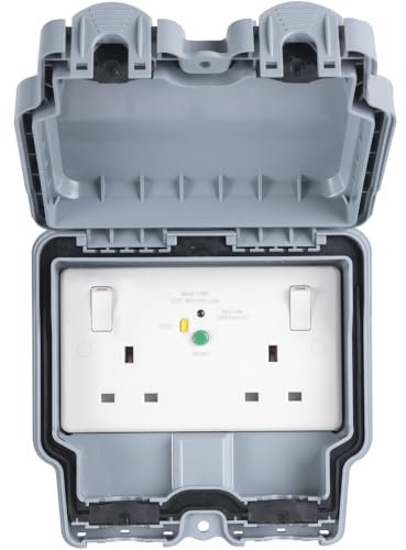 IP66 Outdoor 2 Gang Double 13A UK Plug Socket & 30ma RCD Garden Enclosure Box - Weatherproof Mains Safety Wall Face Plate
