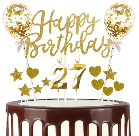 mciskin Gold 27th Birthday Decorations for Girl Boy,3D Number 27 Candle for Cake,Gold Cake Toppers for Girl Boy,Glitter Happy 27th Birthday Cake Toppers for Party Decorations Supplies
