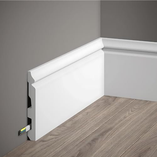 Decoration - Battiscopa Bianco in Polimeri Duri(Misure 200x13,7x1,8 cm) Zoccolo Facile da Installare su Muro e Pareti, Verniciabile e Resistente all'Umidità, Profilo Cucina, Bagno, Sala, Soggiorno