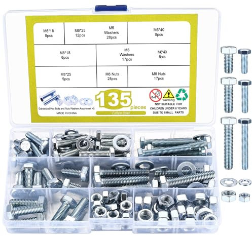 135 STK M6 M8 Sechskantschrauben Muttern Set, Metrisch Sechskant Gewindeschrauben mit Muttern Set mit Unterlegscheiben Sortiment Kit (Weiße Zinkfarbe)