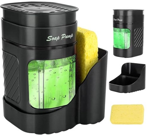 Jabonera Cocina Negro 3 en 1, Organizador de Fregadero Negro con Bandeja y Soporte para Esponja, detergente Recargable,Dispensadores de Bomba de jabón y Porta esponjas