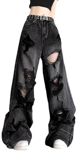 Lafaguw Baggy Jeans for Woman Men Ripped High Waisted Straight Leg Pants Y2K Grunge Streetwear Emo Summer Clothes.Black3/S