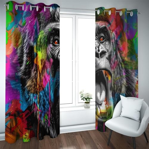 YUNART Bunte Graffiti Vorhang Roar Schimpansen Bedruckte Ösenvorhänge Banksy Street Art Style Wärmeisolierte Vollverdunkelungsvorhänge 2X W140xL215cm
