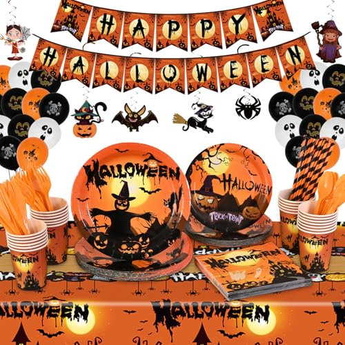Alishomtll Halloween Geschirr Set, 224 Stück Halloween Geburtstag Tableware Partygeschirr Set, Halloween Dekoration Party Tischdeko , Halloween Set Zubehör mit Banner, Teller, Tischdecke, Pappbecher