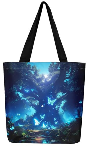 Blaue Schmetterling Leinwand Einkaufstasche Gradient Glühende Schmetterlinge Einkaufstasche,Magische Dschungel Leinwand Tasche Baum Des Lebens Lebensmitteltasche,Magische Tier Wildlife Make-Up Tasche