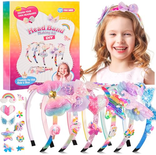 WuGU Haarreifen Mädchen, 49Pcs Haarreifen Selber Machen Mädchen Einhorn Set, DIY Haarschmuck Bastelset Kinder ab 4 5 6 7 8 9 10 Jahre, Geschenke zur Einschulung Mädchen, Ostergeschenk
