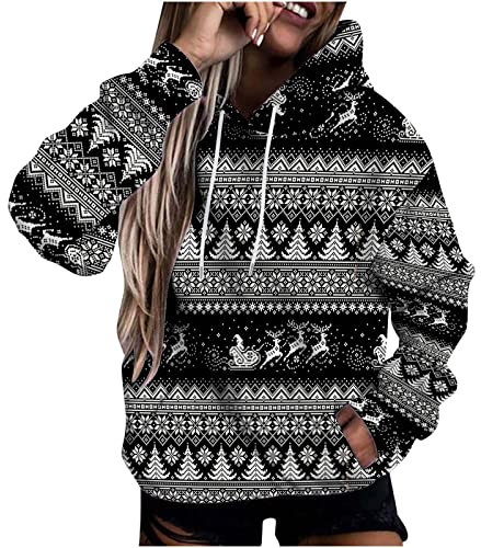 Susenstone Femmes Sweat à Capuche de Noël Vintage Drôle Graphique Père Noël/Elfe/Renne Pull de Noël à Manches Longues Pull à Capuche Sweat Blouse Tops avec Poche Dames Pull de Noël Pas Cher