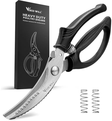 ECO-WILL Heavy Duty Kitchen Poultry Shears with 2 Springs, Non-Slip Handle & Safety Lock, Dishwasher Safe, Stainless Steel Scissors for Meat, Chicken, Bones, Fish, Vegetables, and More