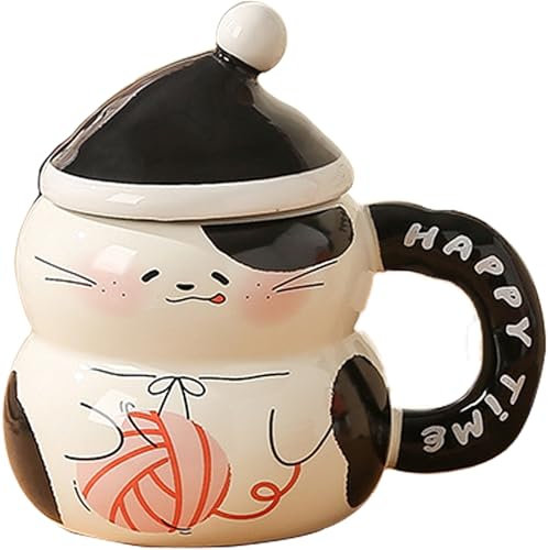 Disoza 400 ml Cat Mug Katze Tasse mit Deckel Katzen Deko Geschenk Keramik Teetasse Weihnachten Becher Geburtstags geschenk Katzentasse 3d Kaffeetasse für Männer Bruder Freund Frauen Freundin