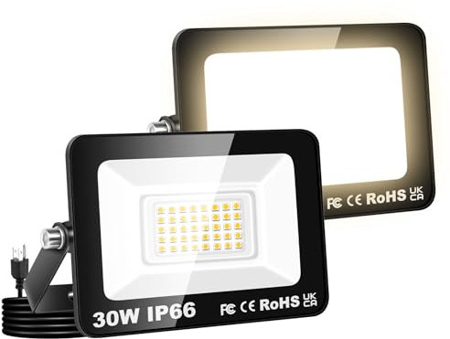 Willpower 2PCS Projecteurs LED Extérieur Avec Prise, Spot LED 30W 3000LM, 3500K Blanc Chaud, IP66 Etanche Eclairage Lumière de Sécurité pour Jardin Patio Garage Terrasse Maison