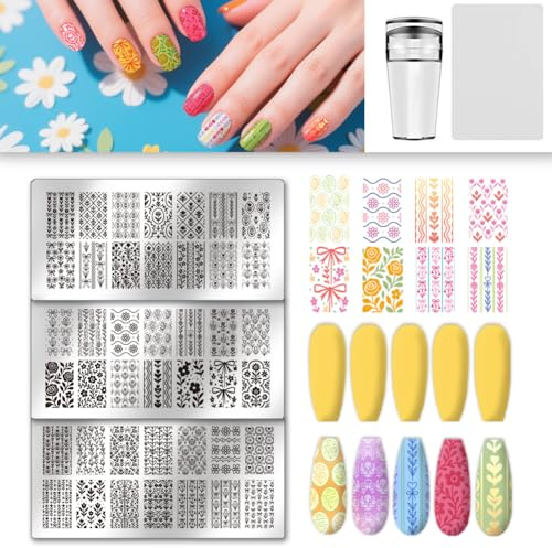 UNICRAFTALE 3Pcs Flowers Nail Plates Stamping Set Spring Bows Plants Stamp Nails Templates Reusable Stencils Stainless Steel DIY Nails Art Plates with Stamp and Spacer Templates Kit Printing Tools
