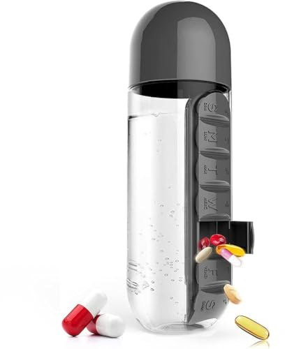 2 en 1 bouteille d'eau portable avec boîte à pilules organisateur 7 jours boîte de planificateur voyage médicaments cas conteneurs, 600 ml bouteille d'eau amovible (Black)