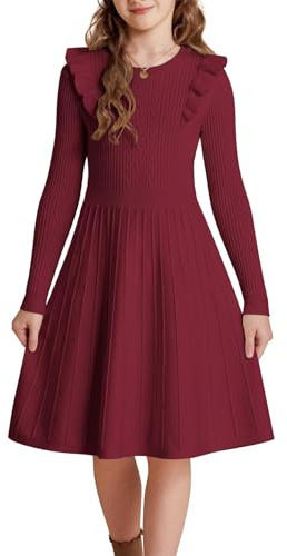 GRACE KARIN Mädchen Gestricktes Kleid Rüschenverzierung Zopfmuster Plissee Rotwein 12 Jahre