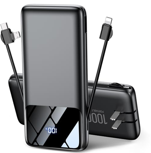 HYUCKOT Portable Charger with Built in Cables and Wall Plug, 10000mAh Slim Power Bank Fast Charging USB C Battery Pack for iPhone Samsung Google Pixel, Travel