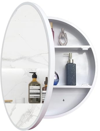 Janboe Runder Spiegelschrank,Aluminium-Spiegelrahmen,Pulverbeschichtetes Eisen,Hydraulikscharnier,kupferfreier Silberspiegel,51cm,weiß