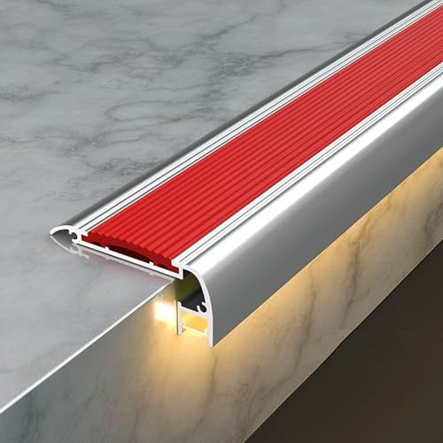 100/150 cm Anti-Rutsch Treppenkantenprofil mit LED-Kanal, Aluminium Treppenkantenschutz mit Gummistreifen für Fliesen/Holz Im Innen- Und Außenbereich Treppen(Red,150cm/60in)