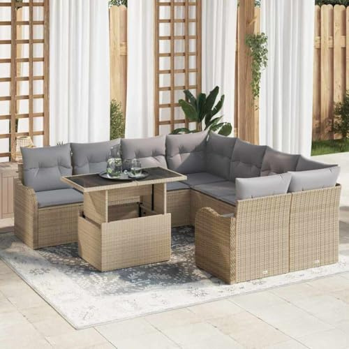 Ziaphsol Gartensofa-Set mit Kissen, 9-teilig, Beige Poly-Rattan, modular, langlebig, UV-beständig, Dining-Set für Terrasse, Balkon, Garten, handgewebt