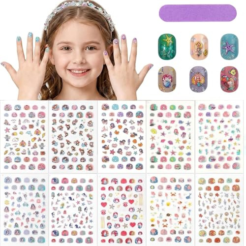 CharmeFleur 10 Sheets Nail Stickers for Kids Durable Nail Art Decals Self-Adhesive Nail Decorations Ocean Shell Mermaid Design Cute
