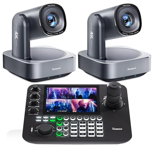 Tenveo 4K PTZ Kamera AI Humanoid & Gesicht Auto-Tracking 20X Optical NDI PTZ Kamera Joystick Controller, 7’’ LCD Quad-Screen Echtzeit-Vorschau, 4D Joystick Control
