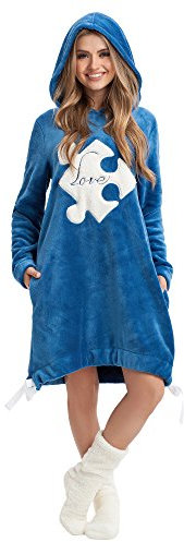 LEVERIE Soffice vestaglia/felpa con cappuccio donna, blu puzzle, XL