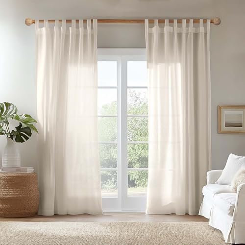 TOPICK Greige Leinenoptik Stores Gardinen mit Schlaufen Kurz Gardinen für Küche Wohnzimmer Schlafzimmer Fenster Vorhänge Transparent Durchsichtig Voile Landhausstil Modern 2er Set 225H x 140B (cm)