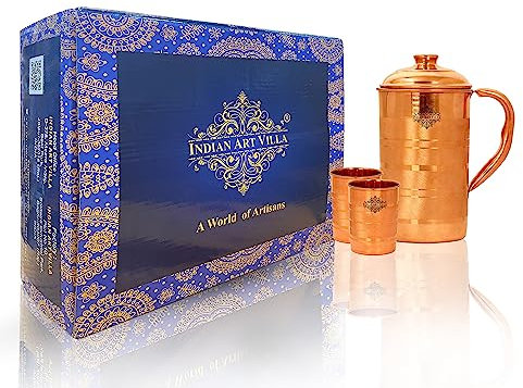 IndianArtVilla - Jarra de cobre con 2 vasos (3 piezas, 1300 ml, 300 ml)