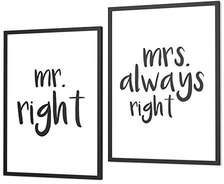 Papierschmiede® Premium Spruchbilder Set 2er mit Rahmen, DIN A4 fertig gerahmt (Material und Farbe wählbar) Mr Right & Mrs always Right, Poster Bilder Set mit Sprüchen, Typografie Wohnzimmer