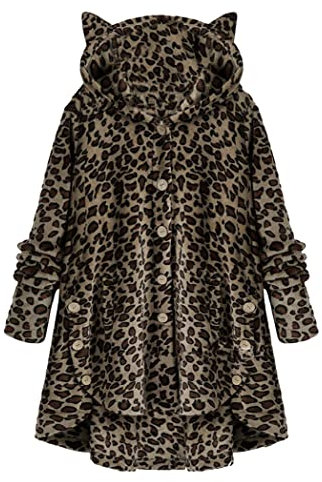 OMZIN Faux Plüschmantel Damen Große Größen Kapuzenjacke Oversize Flauschigen Faux Fleecemantel Button Down Mantel Faux Wollmantel Faux Teddy Mäntel Outwear Parka Brauner Leopard S