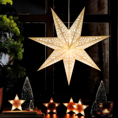 Papiersterne Weihnachten Beleuchtet, Weihnachtsstern Beleuchtet LED 60cm, Leuchtsterne Weihnachten, Weiß Papiersterne zum Aufhängen, Faltstern für Weihnachts Adventsstern Silvester Fensterdeko A4-4