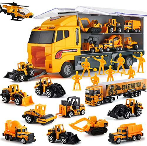 SWUNXION 19 in 1 Baufahrzeug Spielzeug, Konstruktionsfahrzeuge Autos und Bauarbeiter Bagger Fahrzeuge Baustelle LKW Spielzeugautos Truck Spielset Gabelstapler Geschenke für Kinder ab 3 Jahren