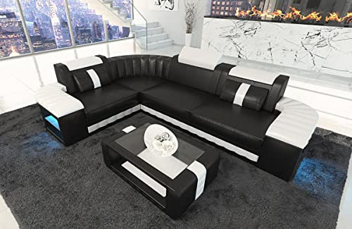 Sofa Bergamo Leder L Form Ecksofa Ledersofa mit Beleuchtung Couch mit Kopfstützen (Ecke Links, Schwarz-Weiß)