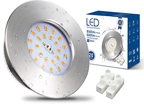 HiBay 20x 7W Recessed Ceiling Lights Ultra Thin IP44 Spotlight Brushed Chrome Down Light Warm White LED Downlight 68mm Ceiling Hole for Bathroom Kitchen Outdoor Soffits