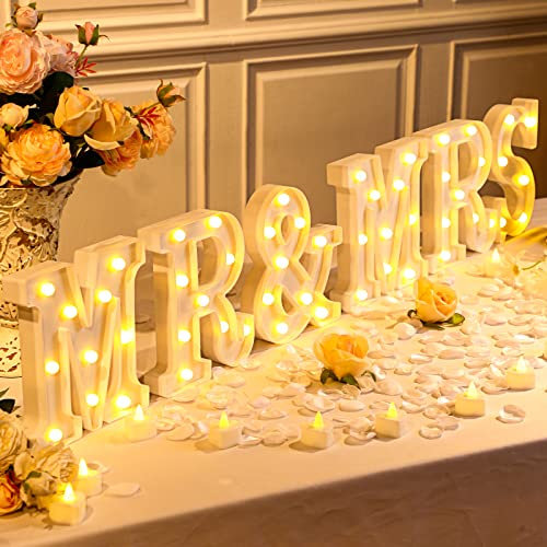 6 Pcs Mr and Mrs LED Sign 12 Flameless LED Candles 300 Artificial Rose Petals Neon Mr and Mrs Sign for Wedding Table Heart Romantic Candles Light up Letters for Romantic Night Decor(White)