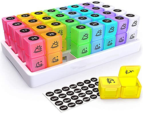 Tablettenbox für 1 Monat Morgens Mittags Abends,Medikamentenbox 32 Tage 2 Fächer,Pillendose Große Fächer,Pillen-Organizer,Tragbar Tablettenbox Monat mit Deckel Monat Pillenbox für Unterwegs, Tägliche