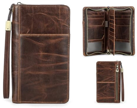 CONTACTS Pochette de Voyage en Cuir véritable pour Homme avec dragonne, Blocage RFID, Sac à Main pour Passeport, Grande capacité, Marron