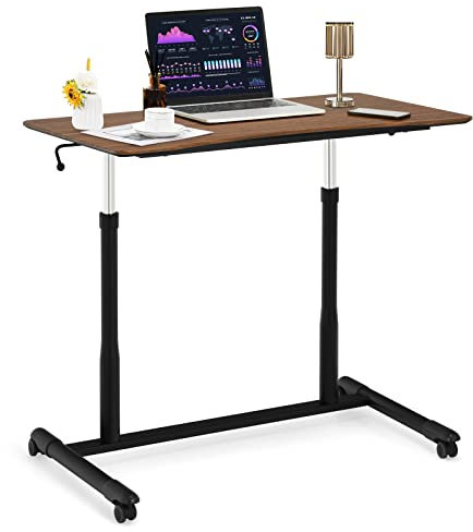 COSTWAY Scrivania per Computer Regolabile in Altezza, Scrivania Porta PC con Ruote e Porta Cuffie, Tavolo per Computer con Telaio di Metallo per Studio e Ufficio, 95 x 55 x 70-107 cm (Marrone)