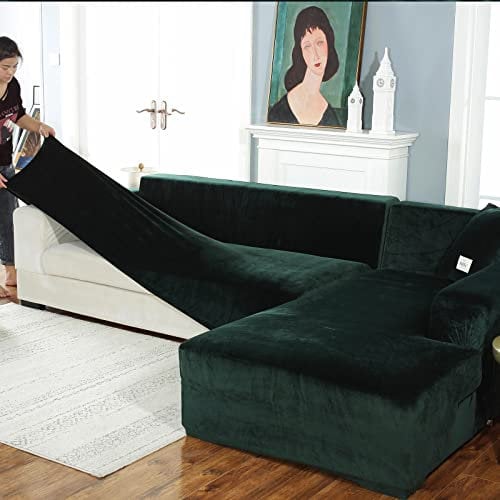 LJQAIZYL Sofa Schonbezug U Form Ecksofa Couch Bezug,Dickere Samt Sofabezug L Form Links Rechts,2er Set Chaiselongue Sofa überzug für Wohnzimmer, Sofa Überwürfe für Hunde Haustiere,Green-2seats+3seats