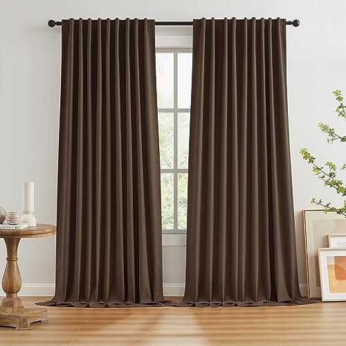 Braune Verdunkelungsvorhänge in Plissee-Optik, 244 cm lang, 2,4 m Länge, für Terrassen-Schiebetür, Wohnzimmer, 100 % lichtblockierend, Leinenstruktur, 72 breit, 2 Stück mit Schlaufen auf der
