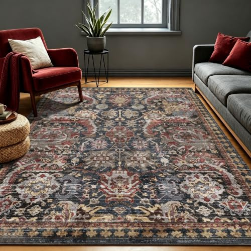 RUGSURE Washable Area Rugs - Perfect for Living Room, Bedroom, Kids Room, Nursery - Stain & Water Resistant Non-Slip, Pet & Child Friendly, Vintage Tribal Area Rugs (Rust, 5' x 7')