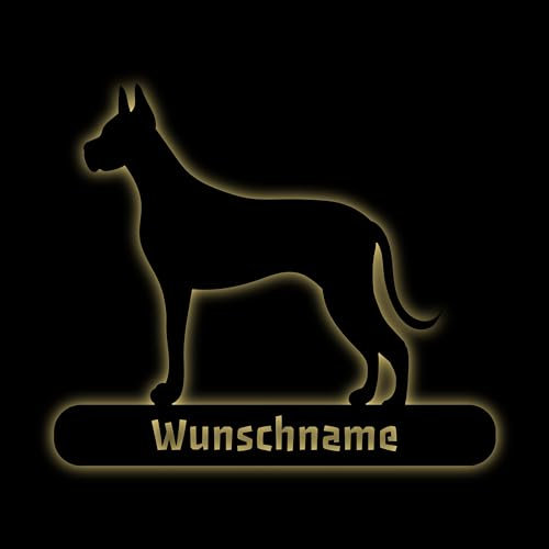 Deutsche Dogge Hund - Deko Holz Wand Licht - Geschenke für Hundeliebhaber personalisierbar mit Name - Batteriebetrieb
