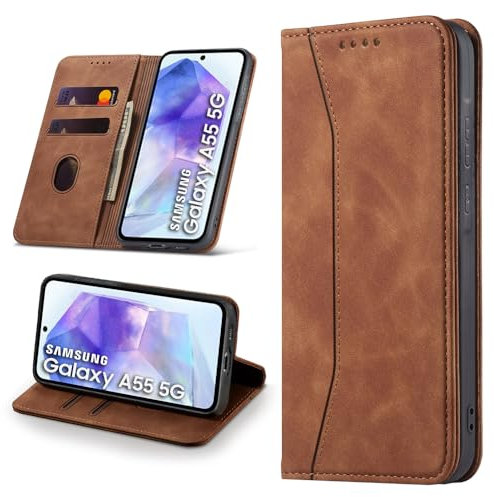 Leaisan Handyhülle für Samsung Galaxy A55 5G Hülle Premium Leder Flip Klappbare Stoßfeste Magnetische [Standfunktion] [Kartenfächern] Schutzhülle für Samsung A55 5G Tasche - Braun