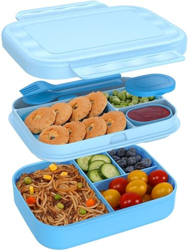 Caperci Bento Box for Kids - Stackable Leakproof Multiple Compartments 5.8 Cups Bento Lunch Box for Adults with Sauce Container - Idea for School, On-the-go, Built-in Utensil Set, BPA Free (Blue)